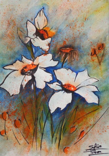 Painting titled "marguerites stylées" by Sylvie Pinon, Original Artwork, Watercolor