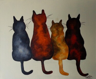 Malarstwo zatytułowany „les 4 chats” autorstwa Sylvie Pinon, Oryginalna praca, Akryl Zamontowany na Drewniana rama noszy