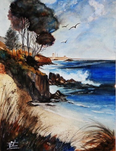 Painting titled "rivage" by Sylvie Pinon, Original Artwork, Watercolor