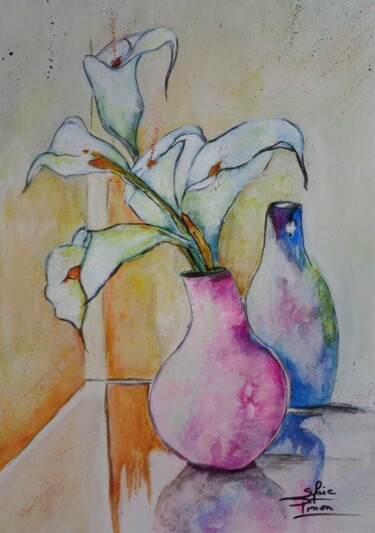 Painting titled "arums" by Sylvie Pinon, Original Artwork, Watercolor