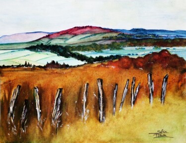 Peinture intitulée "champs et coteaux" par Sylvie Pinon, Œuvre d'art originale, Aquarelle