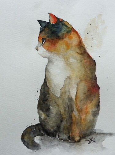 Malerei mit dem Titel "chatte tricolore" von Sylvie Pinon, Original-Kunstwerk, Aquarell