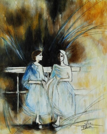 Painting titled "2 anges sur le banc" by Sylvie Pinon, Original Artwork, Acrylic Mounted on Cardboard