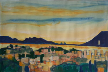 Painting titled "La Rade de Toulon a…" by Sylvie Serre, Original Artwork, Gouache