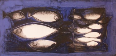 Pintura titulada "Poissons bleus" por Sylvie Serre, Obra de arte original, Acrílico