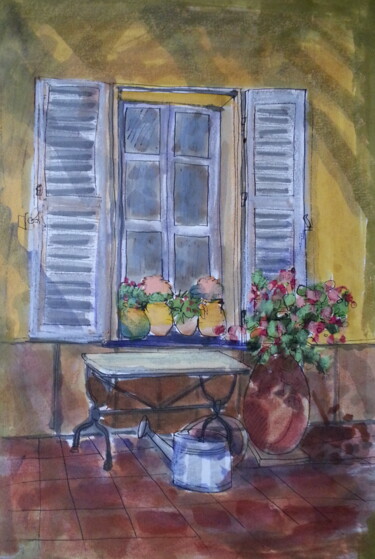 Painting titled "Jardin du Palmier" by Sylvie Serre, Original Artwork, Ink