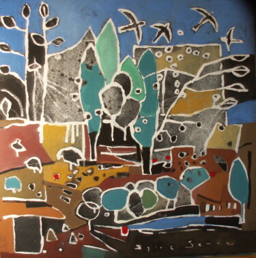 Peinture intitulée "Cyprès aux oiseaux" par Sylvie Serre, Œuvre d'art originale, Acrylique