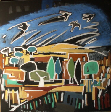 Painting titled "campagne aux oiseaux" by Sylvie Serre, Original Artwork, Acrylic