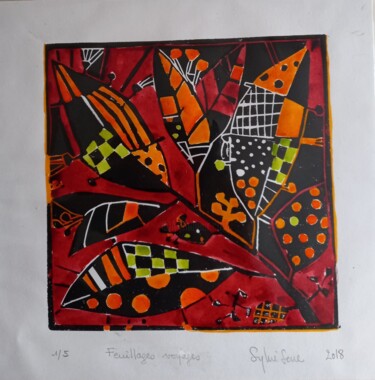 Gravures & estampes intitulée "Feuilles volantes m…" par Sylvie Serre, Œuvre d'art originale, Linogravures Monté sur Carton