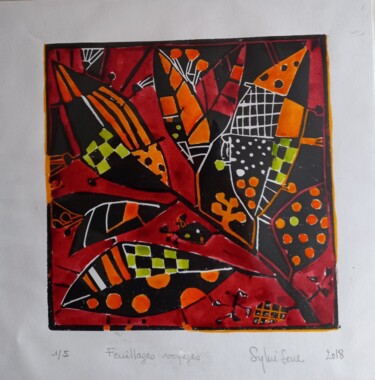 Printmaking titled "Feuilles volantes m…" by Sylvie Serre, Original Artwork, Linocuts Mounted on Cardboard