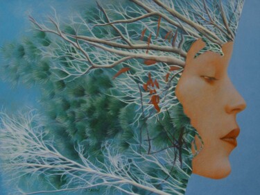 Dessin intitulée "Bleue la forêt" par Sylvie Talon, Œuvre d'art originale, Crayon