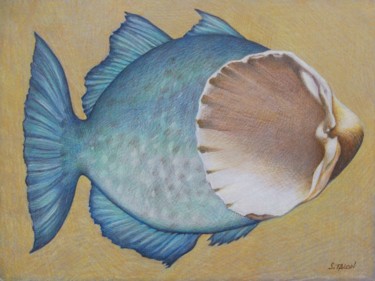 Dessin intitulée "Le poisson caché" par Sylvie Talon, Œuvre d'art originale, Crayon