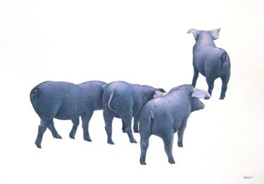 Рисунок под названием "Les 4 petits cochons" - Sylvie Talon, Подлинное произведение искусства, Карандаш
