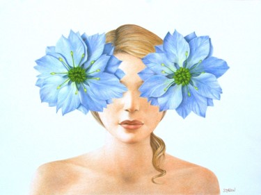 Dibujo titulada "Pensées bleues" por Sylvie Talon, Obra de arte original, Lápiz