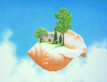 Dessin intitulée "Maison vole" par Sylvie Talon, Œuvre d'art originale, Crayon