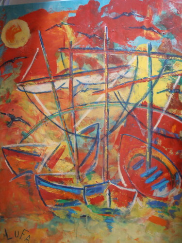 Painting titled "les barques - (12p)" by Sylvie Trapier (Luc LUFA), Original Artwork, Oil