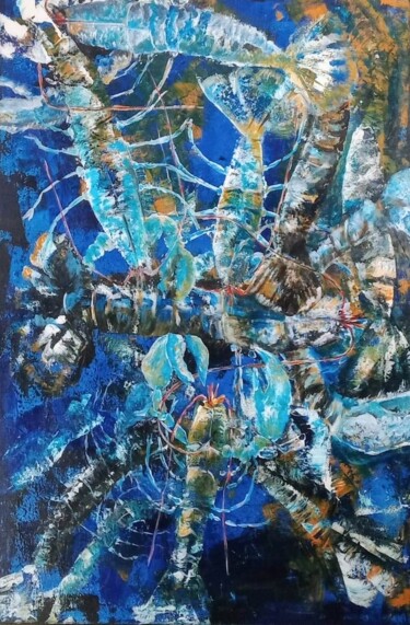 Ζωγραφική με τίτλο "Les homards bleus" από Sylvie Vandensteendam, Αυθεντικά έργα τέχνης, Ακρυλικό Τοποθετήθηκε στο Ξύλινο φο…