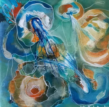 Malerei mit dem Titel "Les Méduses bleues" von Sylvie Vandensteendam, Original-Kunstwerk, Acryl Auf Keilrahmen aus Holz mont…