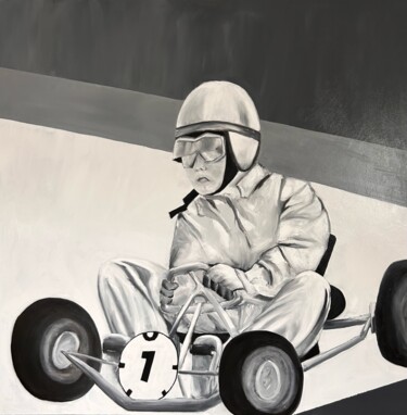 Painting titled "Karting 1963" by Sylvie Vedel, Original Artwork, Oil Mounted on Wood Stretcher frame