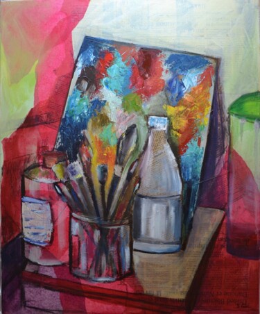 Painting titled "Palette et pinceau" by Sylvie Vedel, Original Artwork, Oil Mounted on Wood Stretcher frame