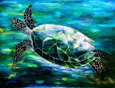 Painting titled "Tortue de Mer" by Sylvie Vedel, Original Artwork, Oil