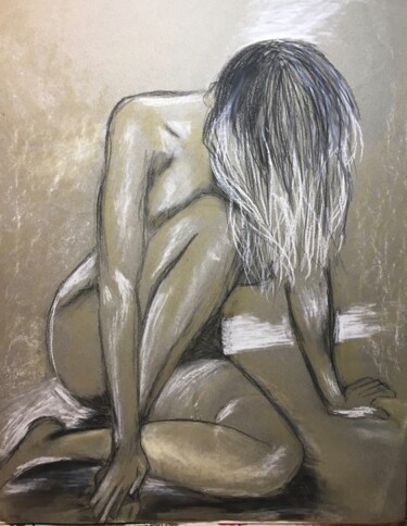 Рисунок под названием "Femme sur fond gris…" - Sylvie Vedel, Подлинное произведение искусства, Графит