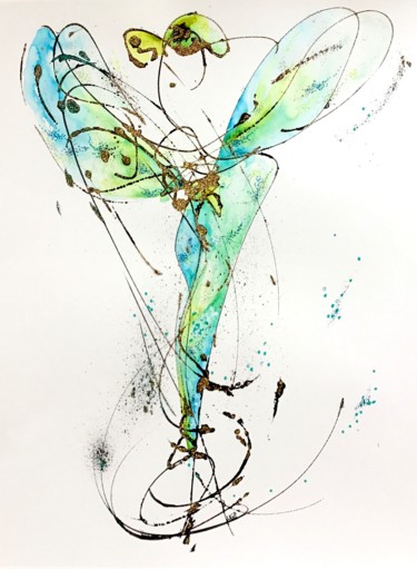 Drawing titled "Elle, turquoise et…" by Lili Ks, Original Artwork, Ink