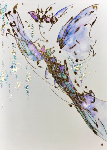 Drawing titled "Gold rain" by Lili Ks, Original Artwork, Ink Mounted on Wood Stretcher frame
