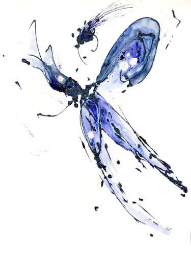 Drawing titled "Elle voyage en bleu" by Lili Ks, Original Artwork, Watercolor