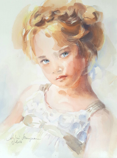 Painting titled "Fille poupée" by Sylvie Vernageau, Original Artwork, Watercolor Mounted on Glass