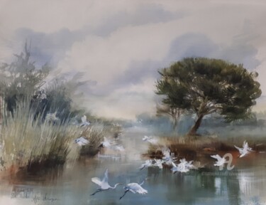 Peinture intitulée "L'Eyre, Bassin d Ar…" par Sylvie Vernageau, Œuvre d'art originale, Aquarelle Monté sur Verre