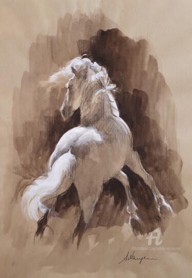 Pintura intitulada "Cheval blanc de dos" por Sylvie Vernageau, Obras de arte originais, Acrílico