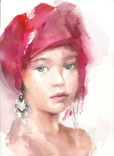 Painting titled "Le tuban rose" by Sylvie Vernageau, Original Artwork, Watercolor