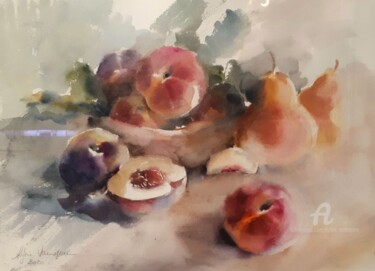 Painting titled "Pêches poire 2020" by Sylvie Vernageau, Original Artwork, Watercolor