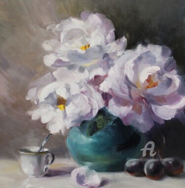 Painting titled "Petites pivoines" by Sylvie Vernageau, Original Artwork, Oil