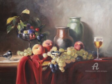 Painting titled "Raisins et mésanges" by Sylvie Vernageau, Original Artwork, Oil