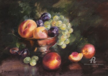 Painting titled "Pêches et raisins" by Sylvie Vernageau, Original Artwork, Acrylic