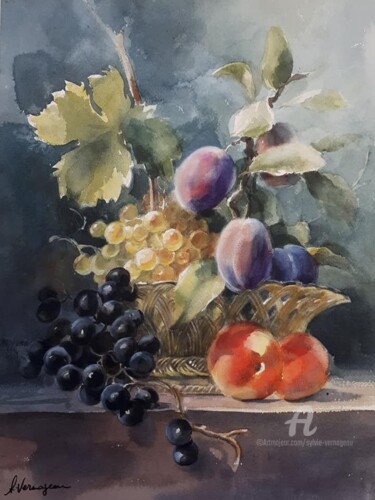 Pintura intitulada "Prunes Baroques" por Sylvie Vernageau, Obras de arte originais, Aquarela