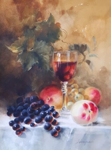 Painting titled ""Verre et raisins"" by Sylvie Vernageau, Original Artwork, Watercolor