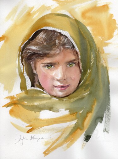 Painting titled ""Fillette au drapé…" by Sylvie Vernageau, Original Artwork, Watercolor