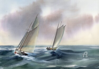Peinture intitulée "Deux voiliers" par Sylvie Vernageau, Œuvre d'art originale, Aquarelle