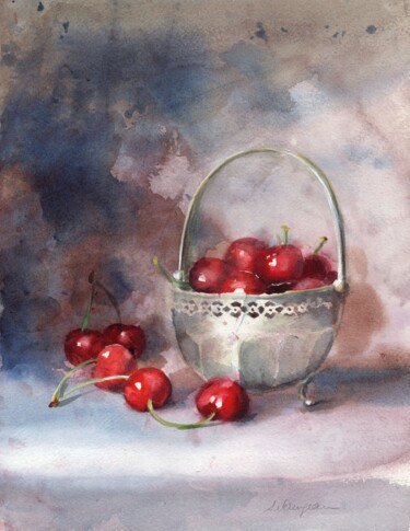 Painting titled "Cerises et pot arge…" by Sylvie Vernageau, Original Artwork, Watercolor