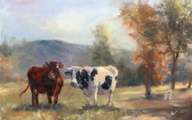 Peinture intitulée "Deux vaches au près" par Sylvie Vernageau, Œuvre d'art originale, Huile
