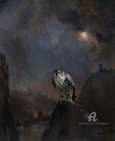 Peinture intitulée "La nuit du faucon" par Sylvie Vernageau, Œuvre d'art originale, Huile