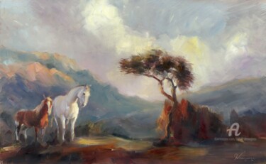 Painting titled "Deux chevaux et mon…" by Sylvie Vernageau, Original Artwork, Oil