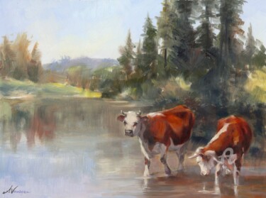 Painting titled "Deux vaches à la ri…" by Sylvie Vernageau, Original Artwork, Oil