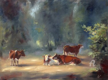 Peinture intitulée "Vaches devant la fo…" par Sylvie Vernageau, Œuvre d'art originale, Huile