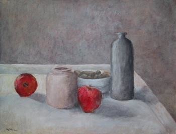 Peinture intitulée "deux pommes rouges" par Sylvie Beuzen, Œuvre d'art originale