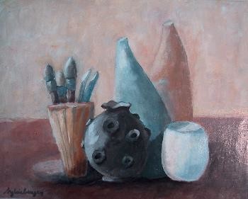 Peinture intitulée "pinceaux et pots" par Sylvie Beuzen, Œuvre d'art originale
