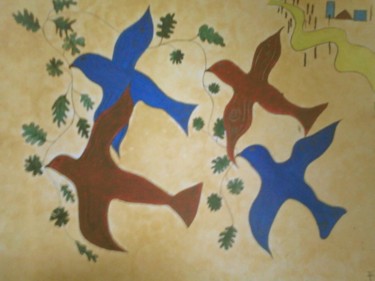 Pintura intitulada "OISEAUX BLEUS" por Sylviebf, Obras de arte originais, Guache